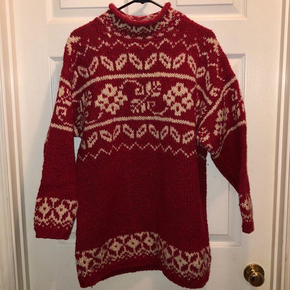 Tunic length red wool sweater by Express Tricot